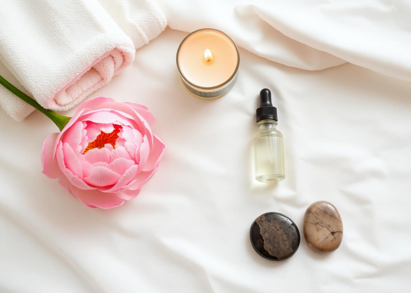 Spa flatlay with serum bottle, peony, and candle